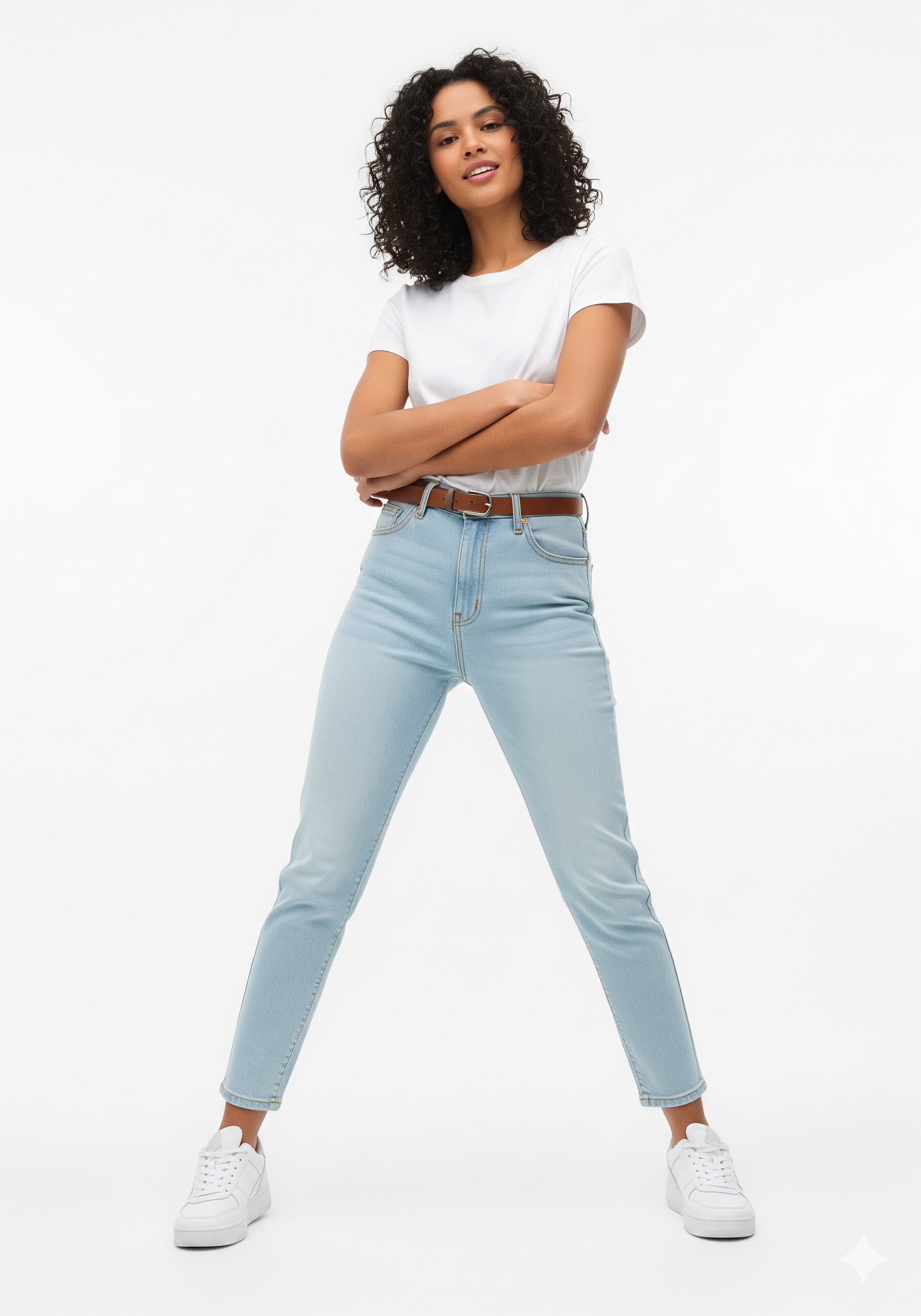 Woman wearing light blue jeans and a white t-shirt on a white background