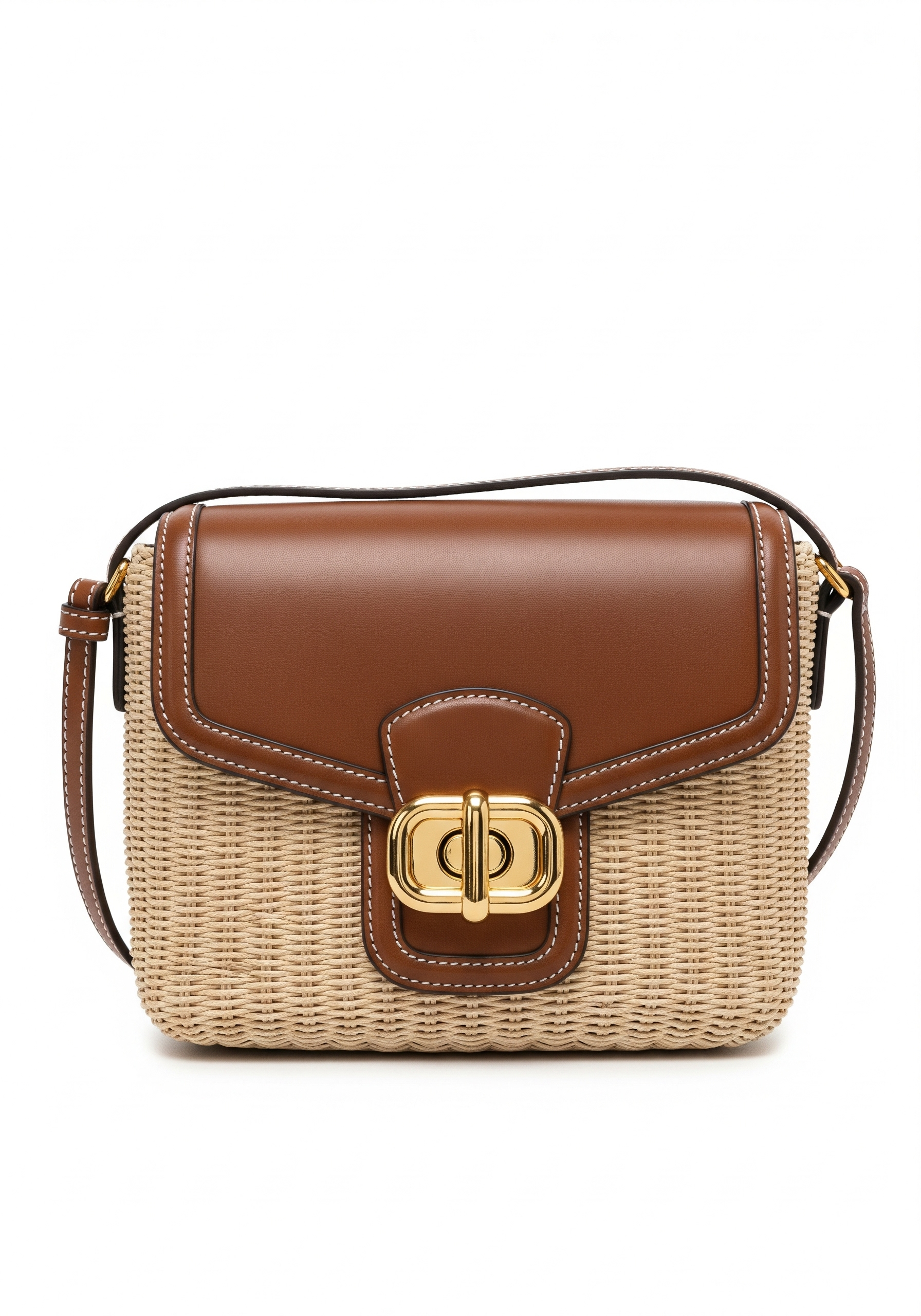 Brown and beige handbag with a gold clasp on a white background