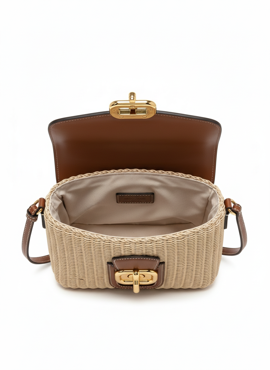 Brown handbag with wicker front section on a white background